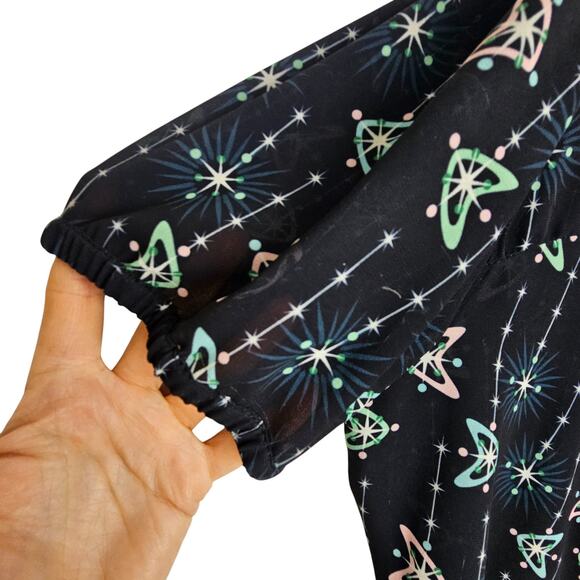 Unique Vintage Top Button Front Blouse Women 2X/18 Black Atomic Print Sheer Top - Picture 4 of 7